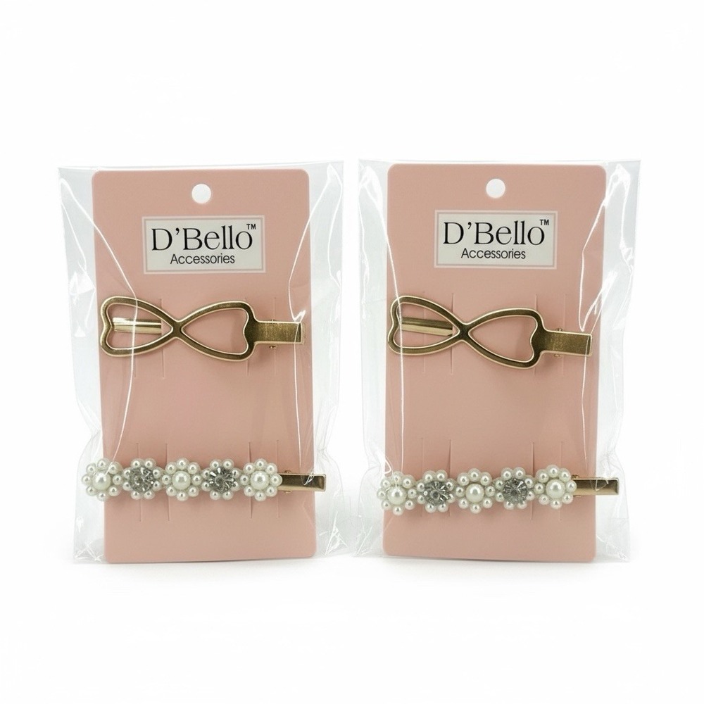 D'Bello Hair Clips Pearl Rhinestone & Gold Bow Barrette Hair Accessory Set Of 2